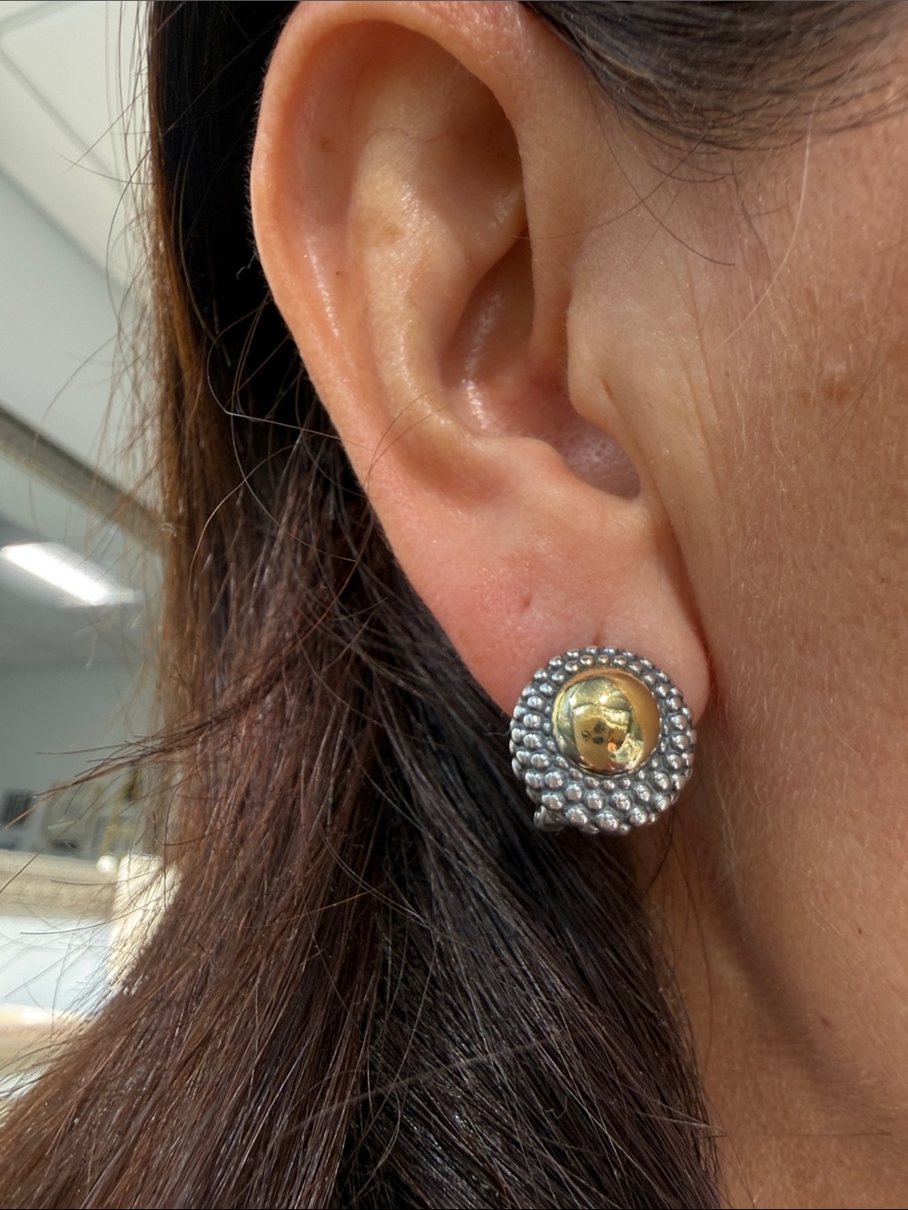 Two-Tone Beaded Disc Stud Earrings - Gold & Silver